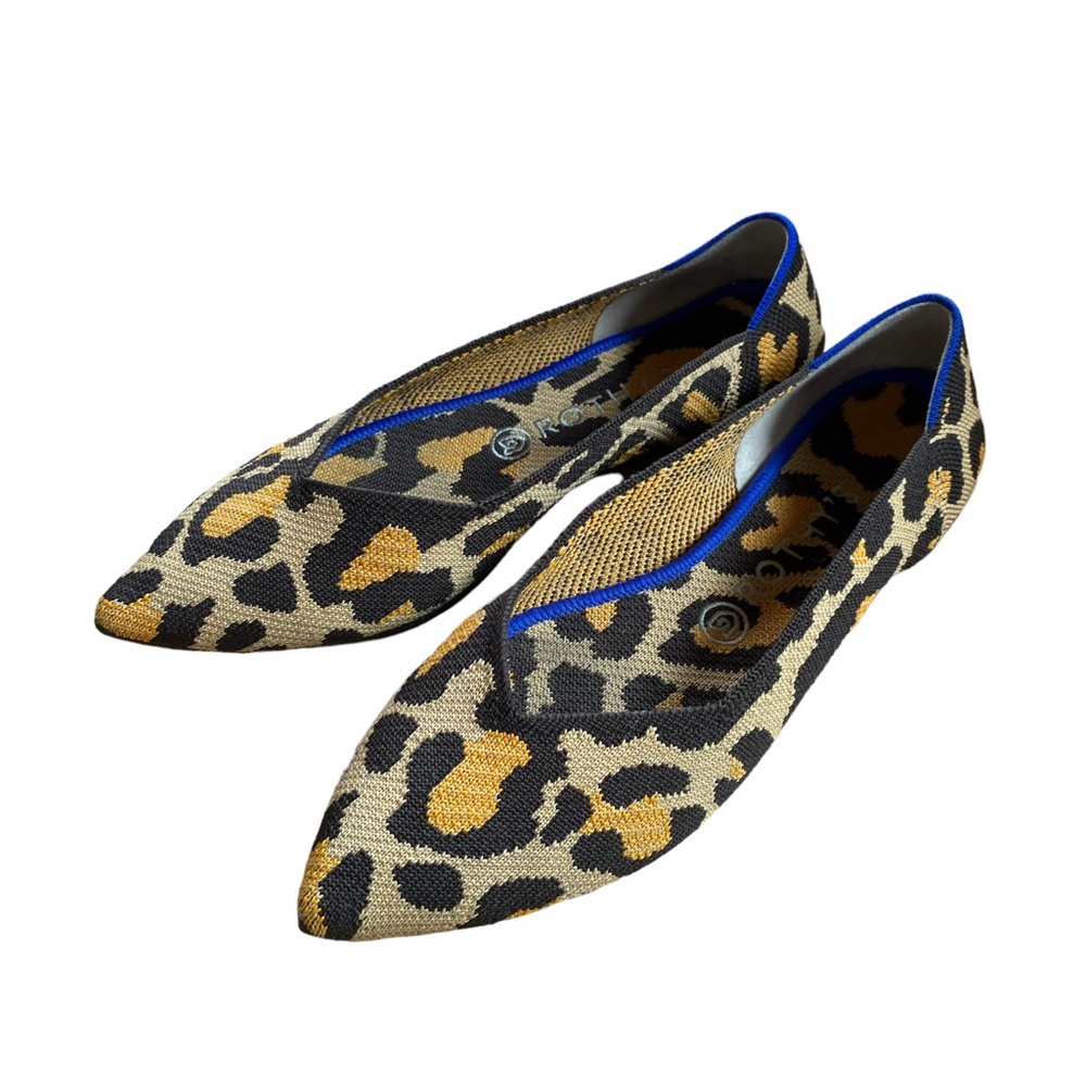Rothy's Leopard Print Pointed Flats with Blue Trim